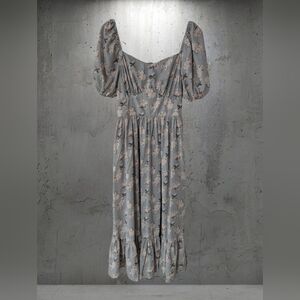 Women's Floral Puff-Sleeve Maxi Dress in Light Green